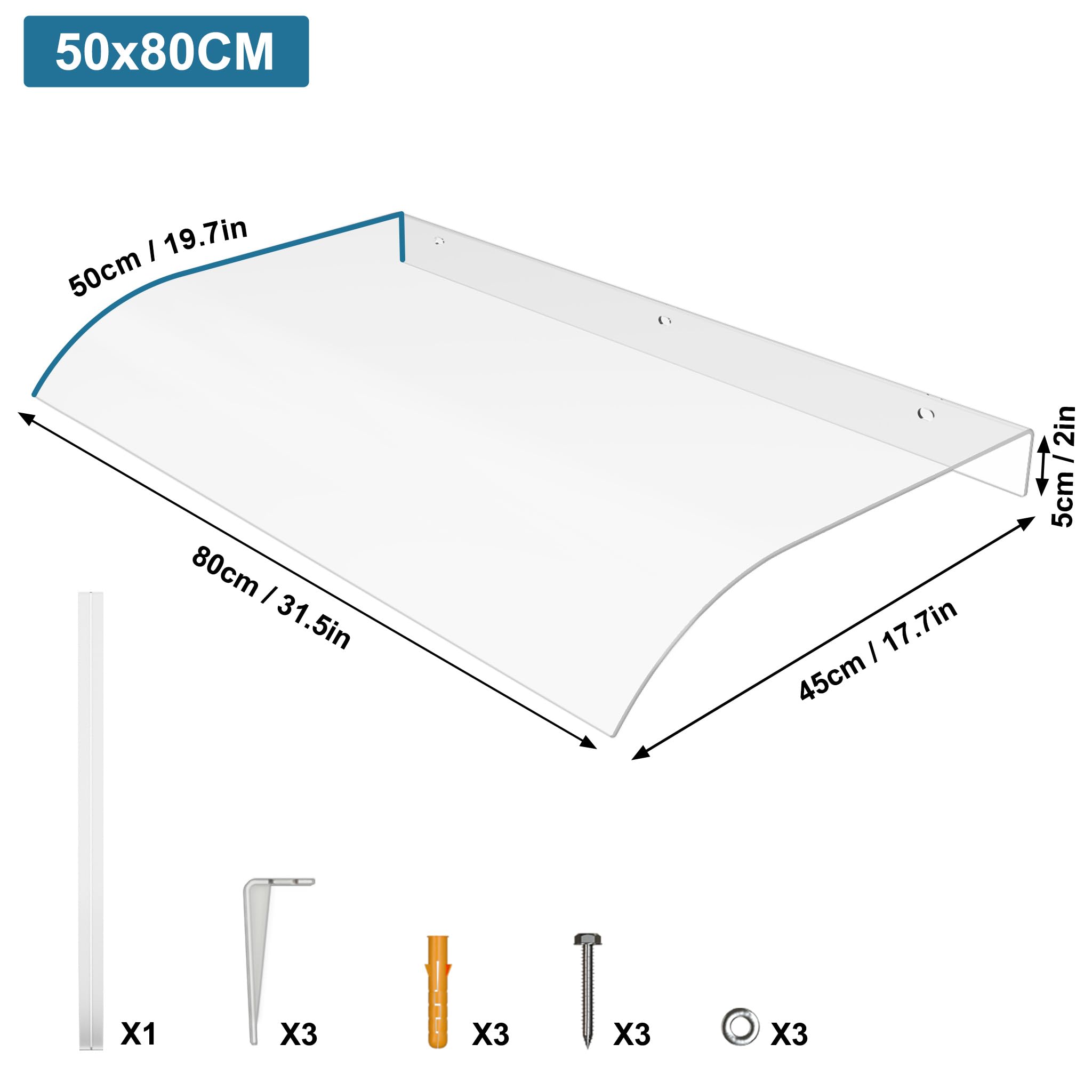 Froadp Marquesina para puerta de casa, 50 x 80 cm, techo de puerta de PET transparente, 3,5 mm de grosor, protección contra la lluvia y protección UV, para puerta, ventana, balcón, garaje, terraza