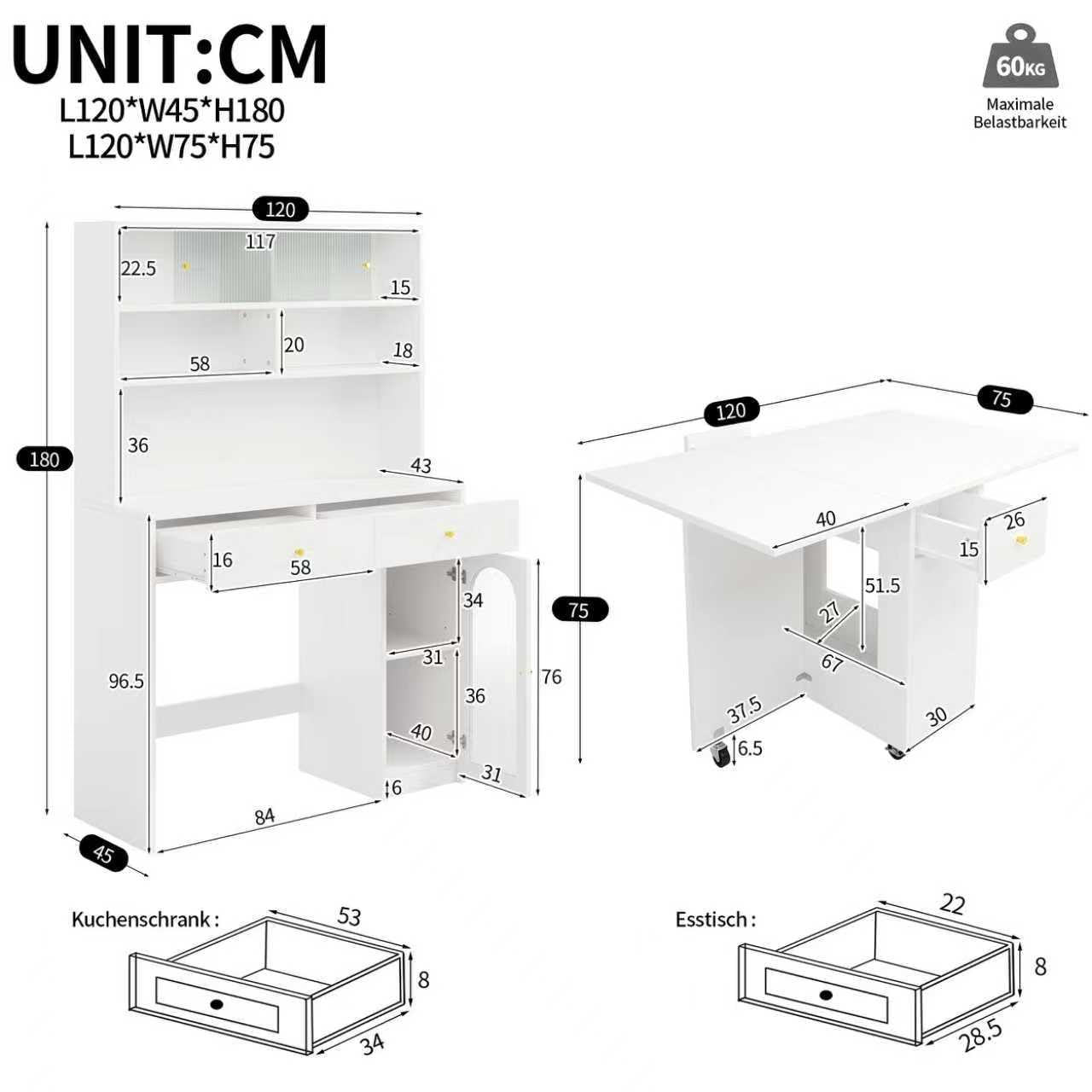 Îlot de Cuisine Mobile avec Plateau Rabattable,Table à Manger Pliante 2-en-1 et Coffret de Buffet,2 Tiroirs,3 Portes,6 étagères,Meuble de Rangement pour Salon,Salle à Manger
