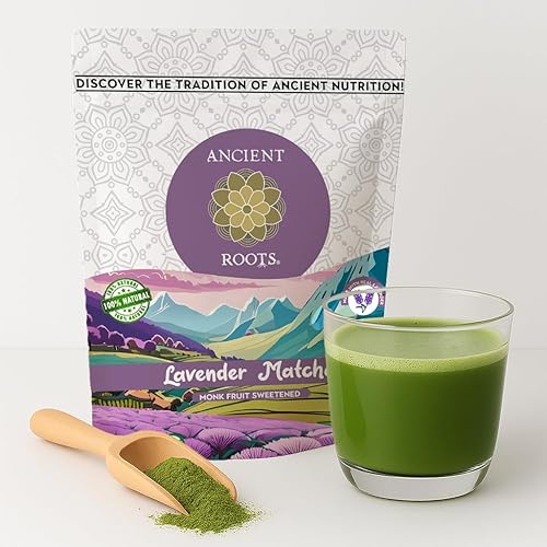 Ancient Roots Lavender Matcha  Polvo de té verde  100% matcha japonés, sabor totalmente natural sin azúcar añadido, fruta de monje endulzada,