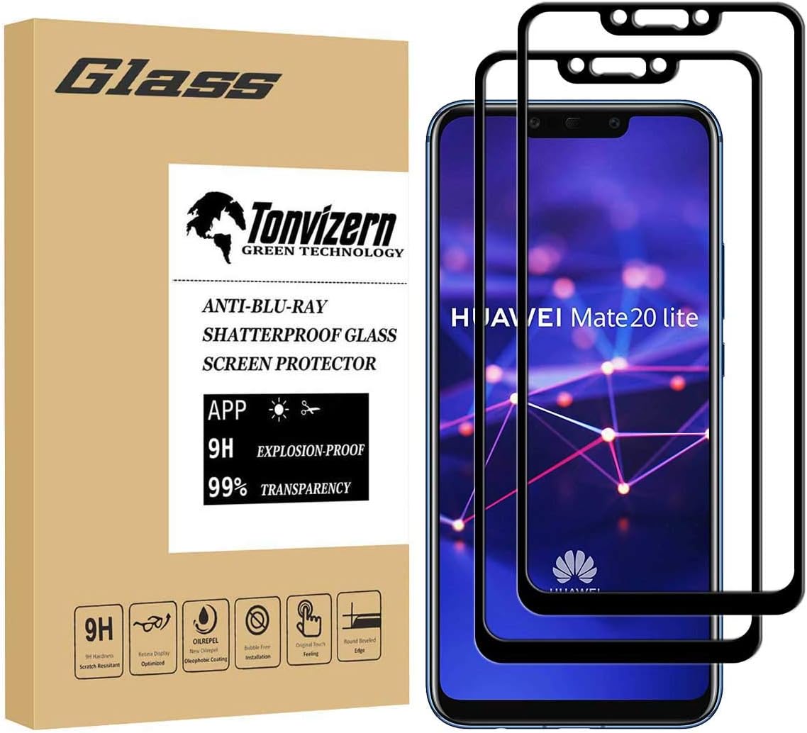 [2-Pack] Tonvizern Compatible for Huawei (Mate 20 Lite) Tempered Glass Screen Protector [Full Adhesive Coverage], 0.26mm 9H Hardness Screen Protector [Black]