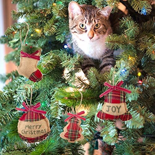 LUTER 12Pcs Christmas Tree Ornaments Rustic Burlap Stocking Ball Bell Hanging Decoration for Xmas Party Supplies (4 Styles)