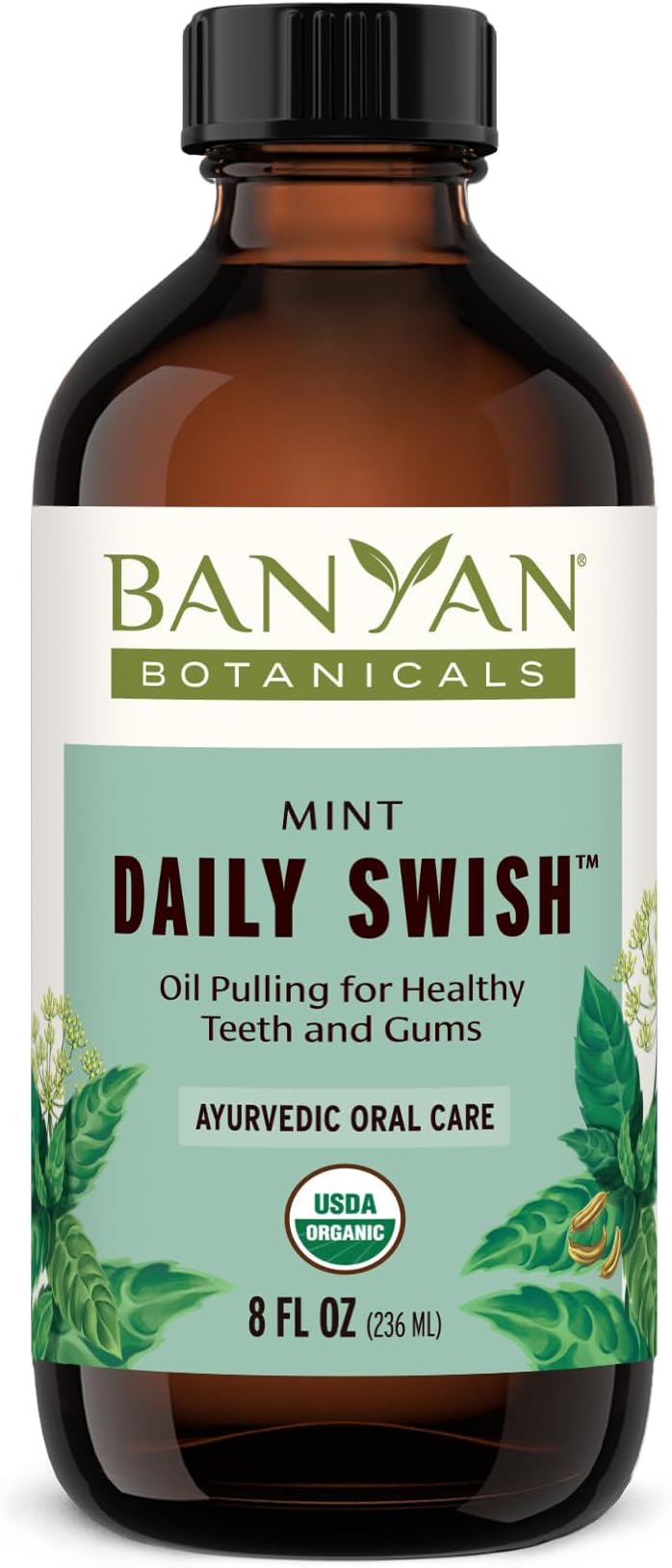 Banyan Botanicals Daily Swish, Mint, USDA Organic, 8 oz, Ayurvedic Oil Pulling Oil For Oral Health and Detoxification