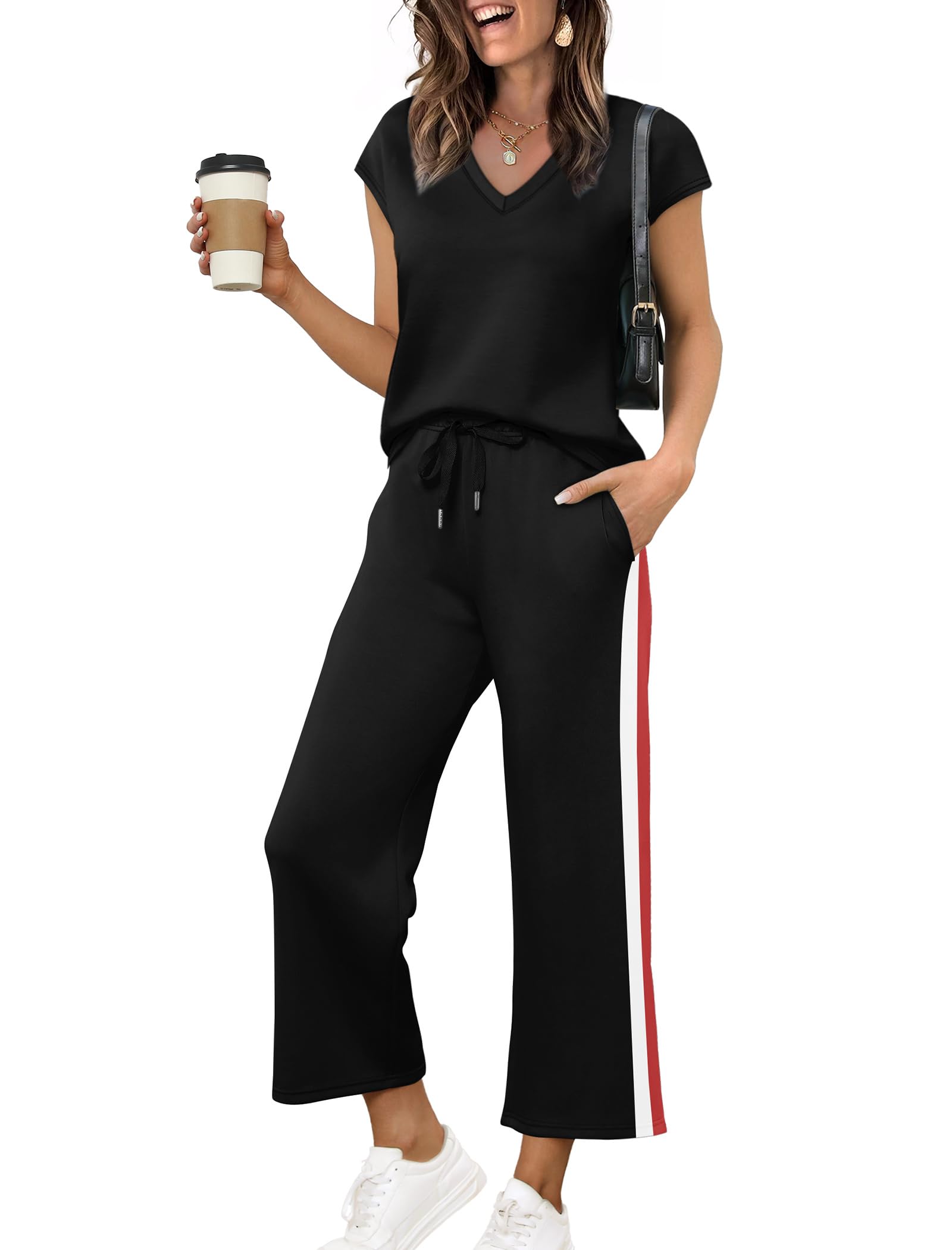 Saloogoe Two Piece Sets for Women Summer Outfits Lounge Sets V Neck Tops Wide Leg Pants Woman Vacation Travel Outfits