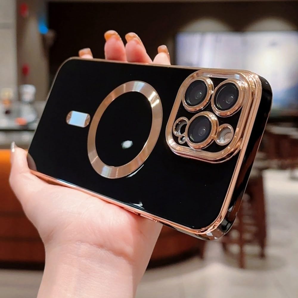 ENILSA Luxury Wireless Charge Phone Case for iPhone 14 13 12 11 Pro Max Magnetic Bumper Electroplate Cases Cover,Black,for iPhone 14Plus