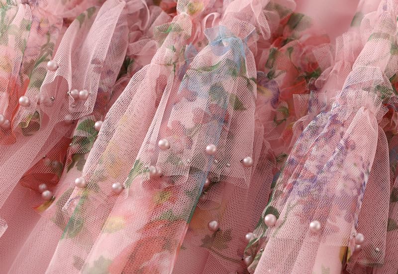 Womens Floral Tulle Skirt with Beads Elastic High Waist Mesh Tutu A-Line Midi Skirts4