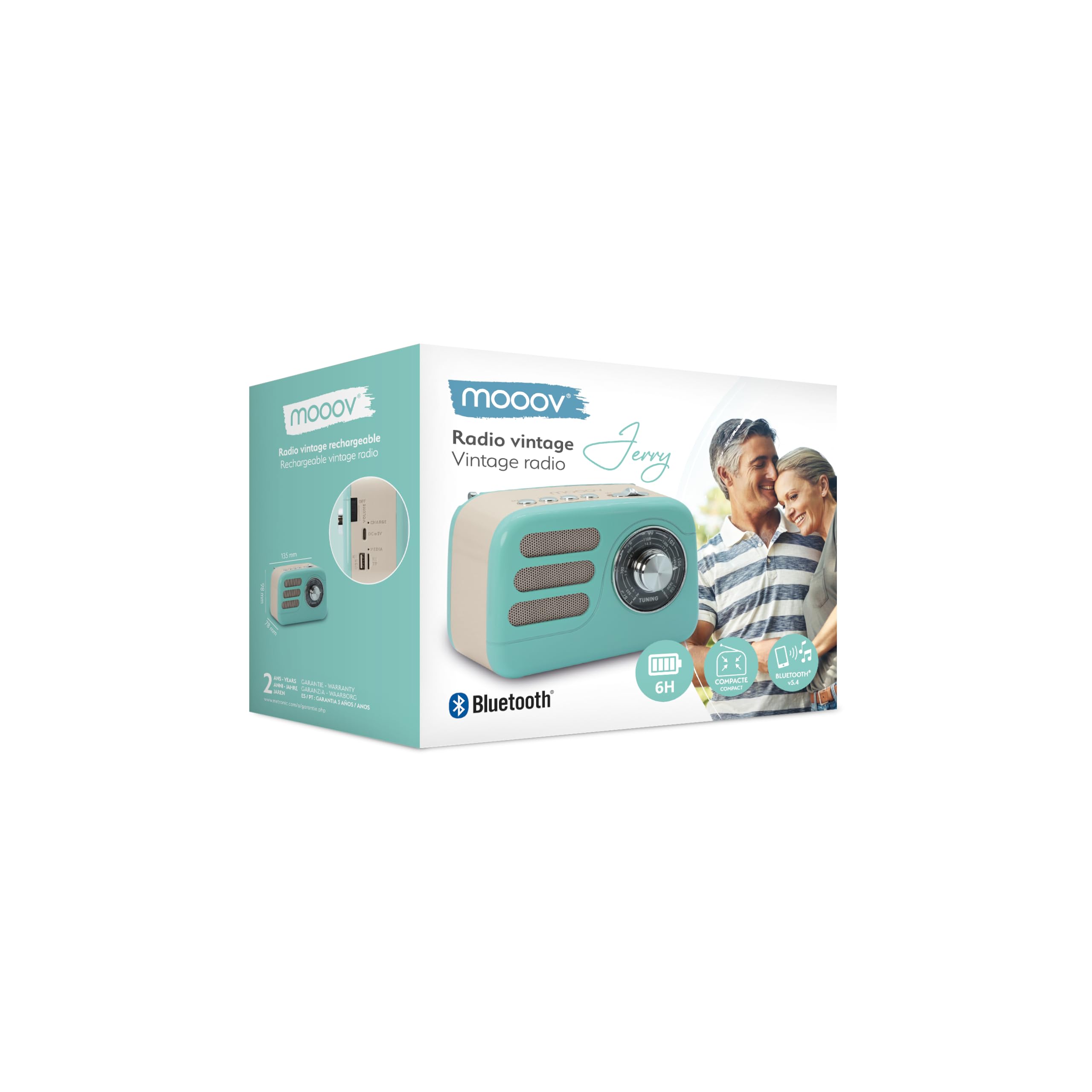 Mooov 477240 - Vintage-Radio mit Bluetooth 5.4 mit Akku, UKW/MW-Radio, tragbar, Retro, kompakter kabelloser Lautsprecher, USB und microSD, 6 Stunden Laufzeit - Türkis