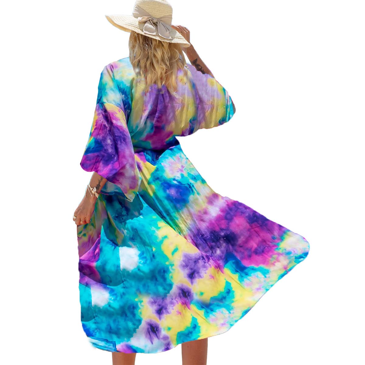Tyidalin Playa Kimono Cárdigans Mujer Estampado Verano Boho Maxi Largo Vestido Túnica Talla Grande Rayón Pareos Bohemio