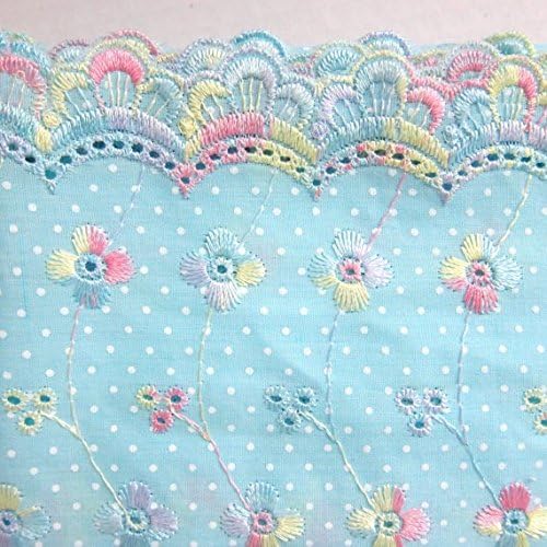 Light Blue Cotton Eyelet Lace with White Polka Dots Fabric Rainbow Floral Embroidered Lace - 1 Yard