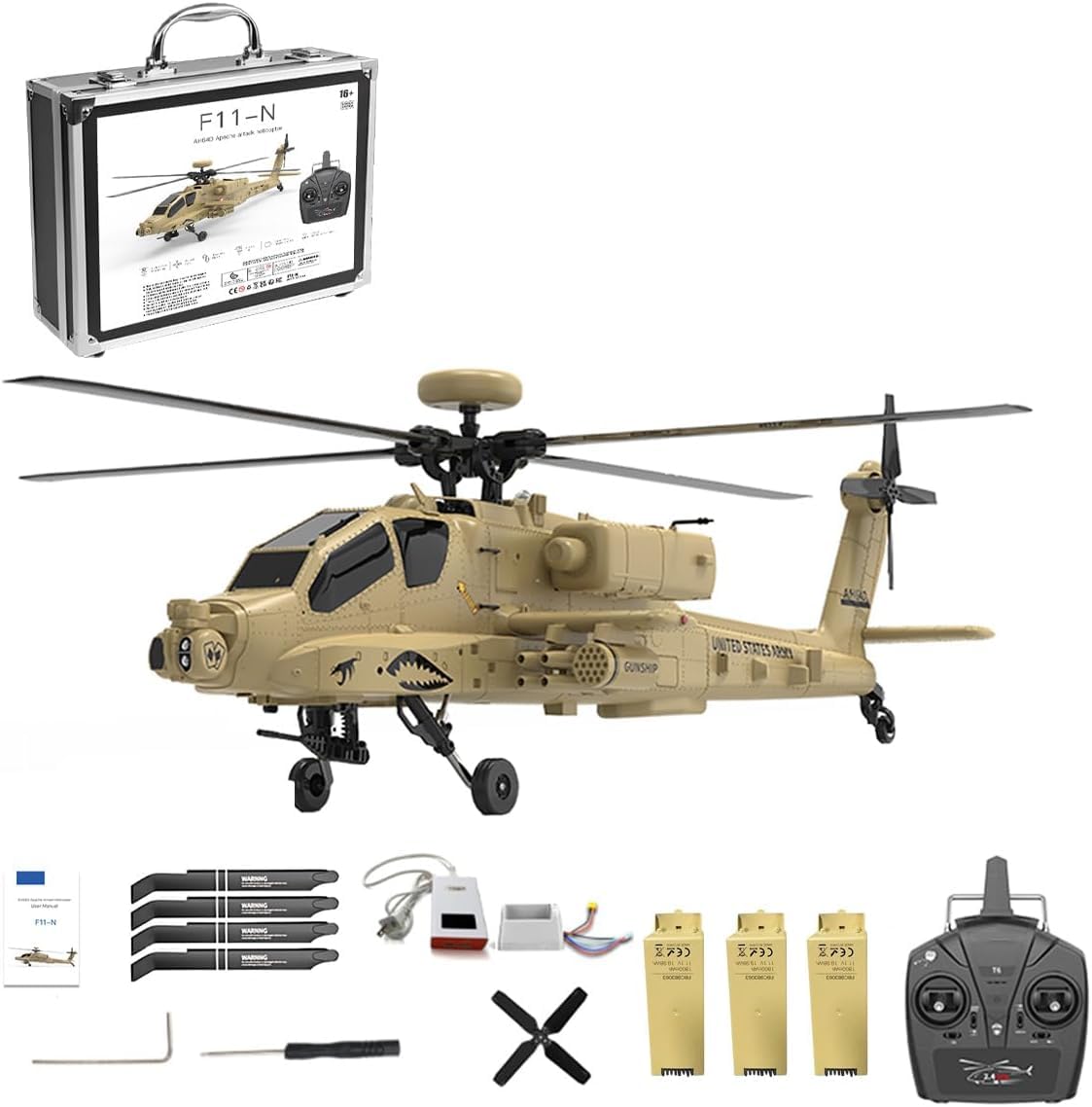 1/32 F11-N AH64 - Helicóptero teledirigido para exteriores, 2,4 G 6 canales, helicóptero teledirigido para adultos, doble rotor coaxial Flybarless 6G/3D avión con flujo óptico, retención de altitud