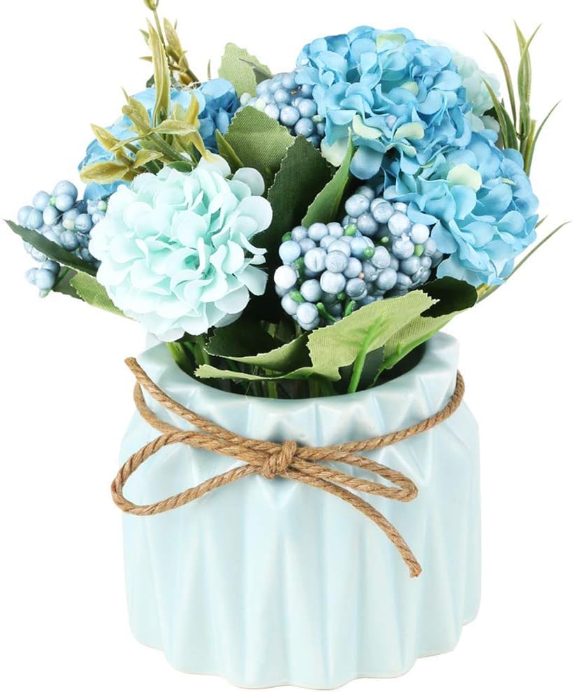 Artificial Hydrangeas with Pot, Mini Hydrangea Fake Flowers Artificial Plant in Ceramic Vase for Table Home Party Office Wedding Desktop Decorations (Blue)