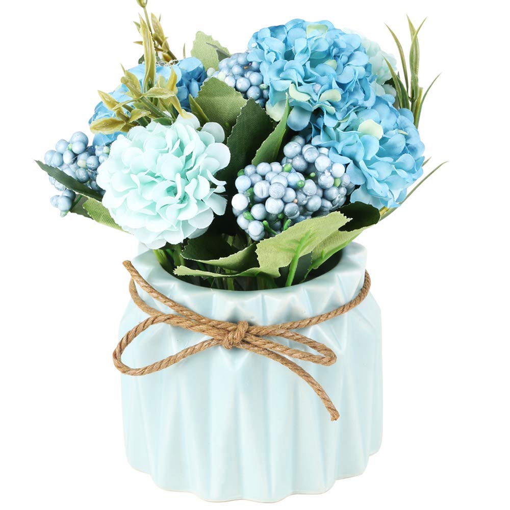 Artificial Hydrangeas with Pot, Mini Hydrangea Fake Flowers Artificial Plant in Ceramic Vase for Table Home Party Office Wedding Desktop Decorations (Blue)
