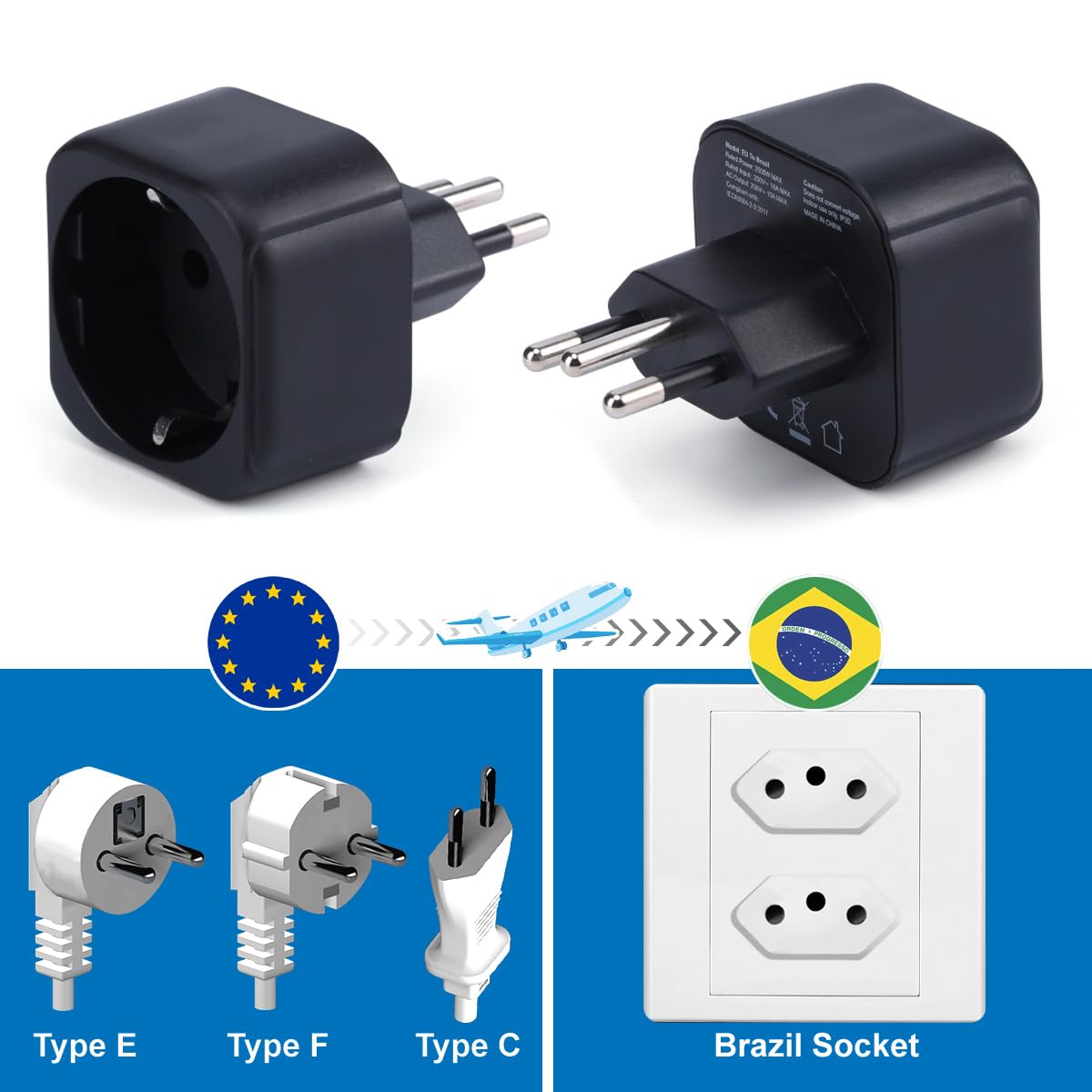 Adaptateur de Prise Europe vers Brésil, Prise Schuko Européenne/Allemande/Française/Italienne/Espagnole Prise Type C/E/F Adaptée au Convertisseur de Prise de Voyage Prise Brésilienne (1 pièce)