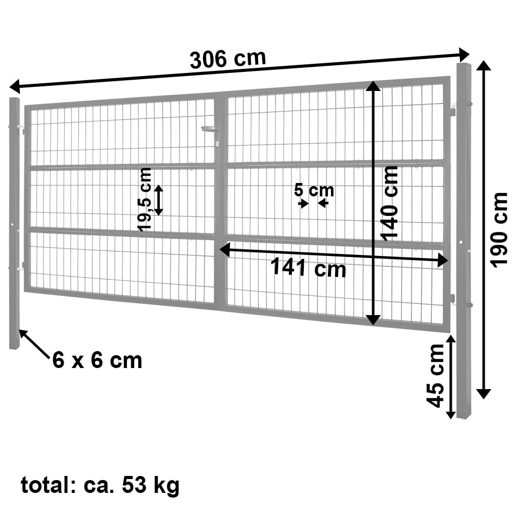 Cancello da Giardino, 300 x 140 cm, Doppia Anta in Metallo, Porta da Giardino per Asta e Recinzione, con Serratura, Include paletti, Verde