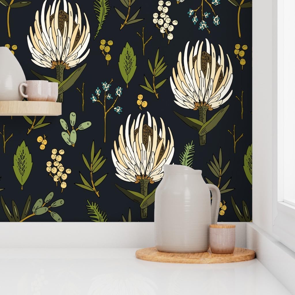 Removable Wallpaper 12ft x 2ft - Protea Neutral Floral Botanical Botany Leaf Boho Nature Kitchen Decor Spring Custom Pre-Pasted Wallpaper by Spoonflower
