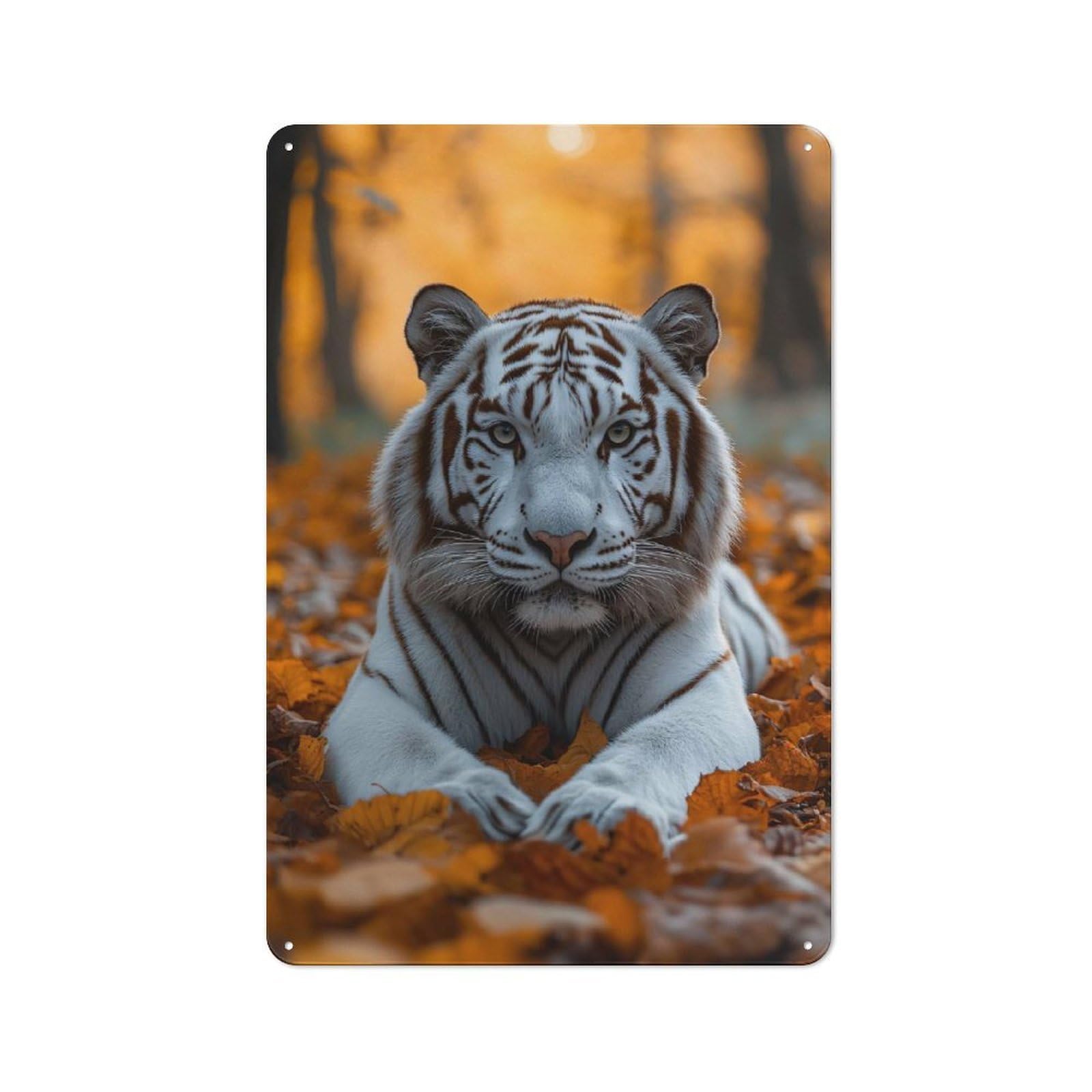 White Tiger in Autumn Leaves Garage Metal Sign 30x20cm, Weathered Look Shed Wall Plaque for Garage, Workshop, Shed Or Utility Room