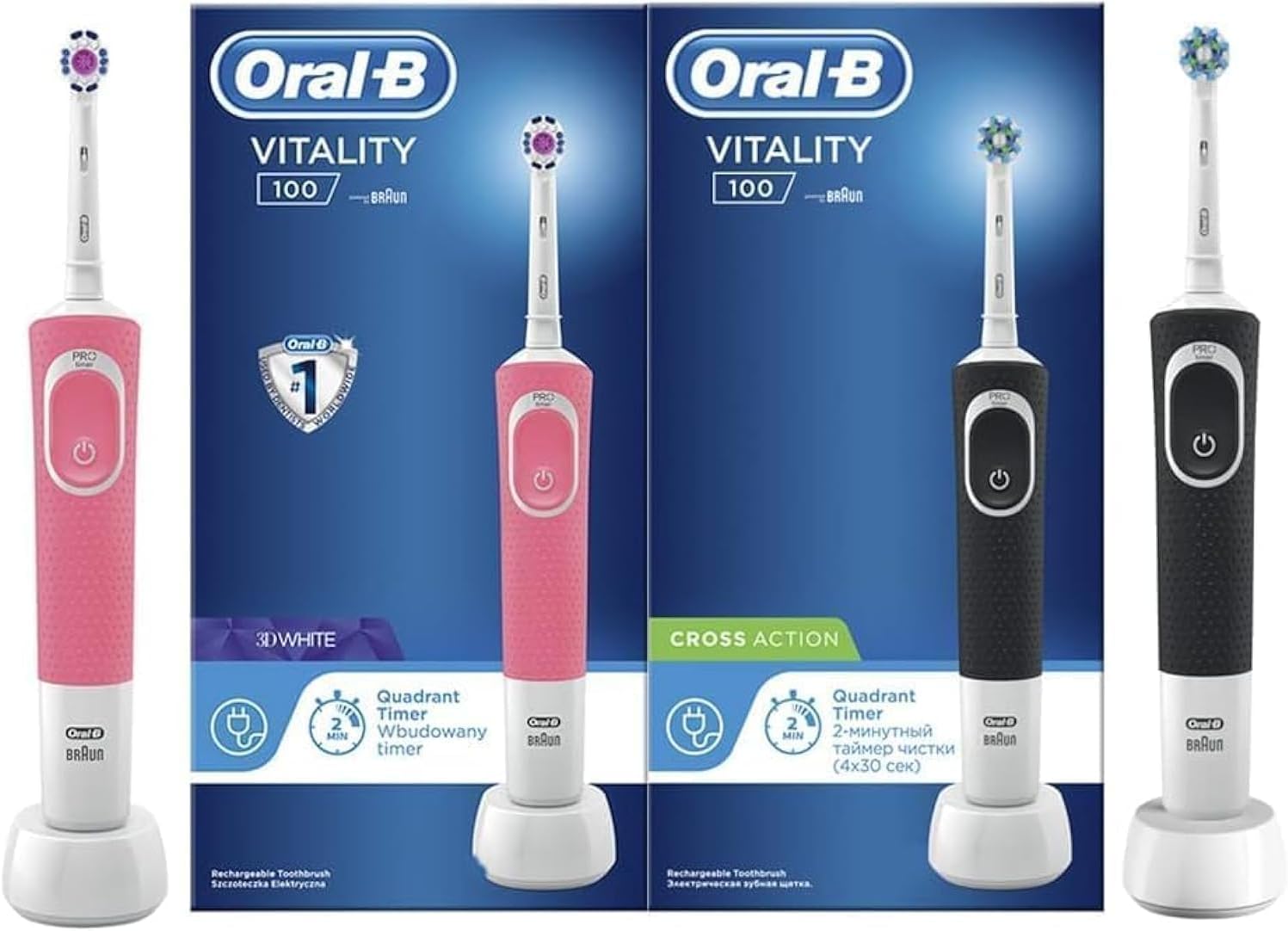 Oral-B Vitality D100 Black and Pink 1+1 Free Bundle Electric rechargeable toothbrush, with UAE 3 pin plug