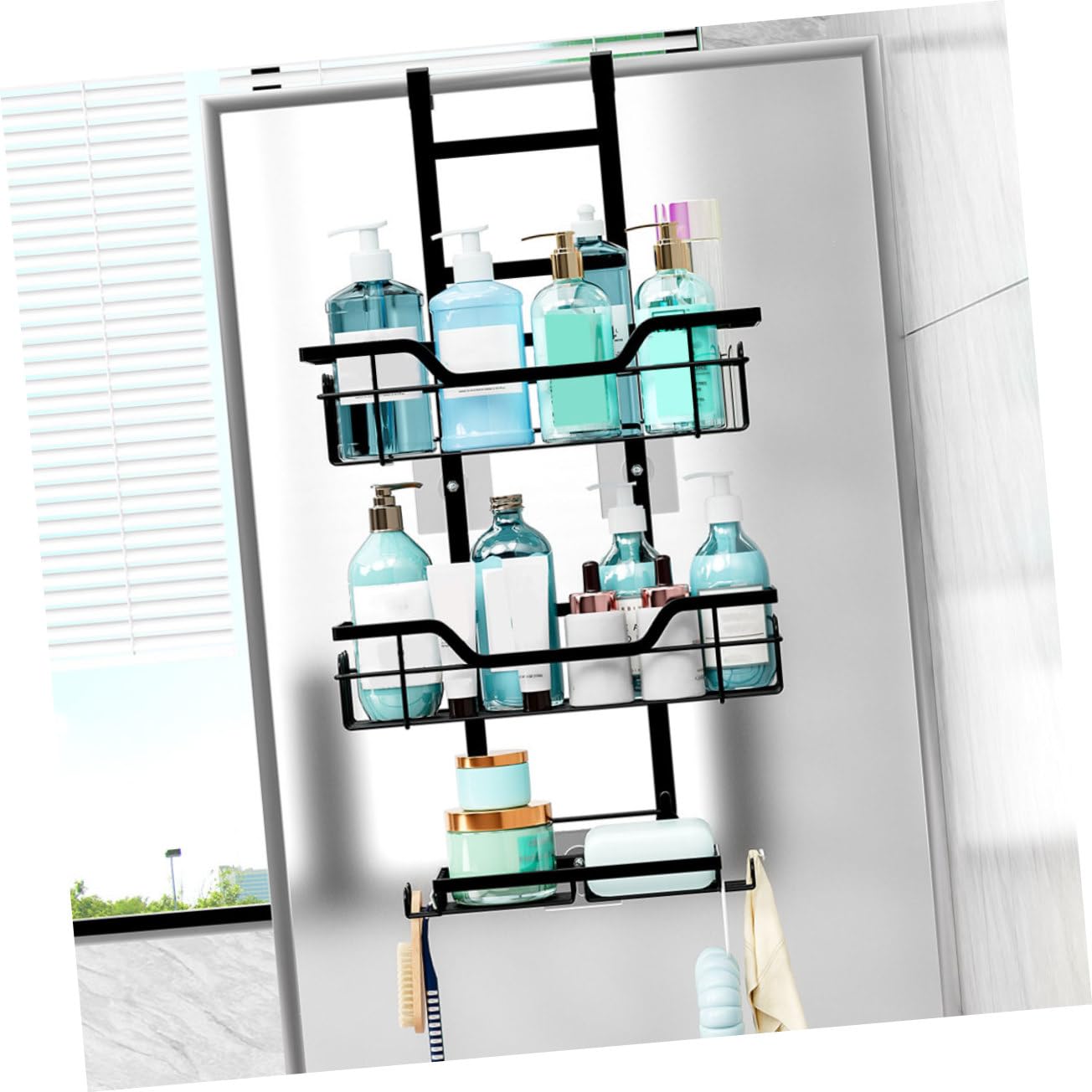 Abaodam 3nivel Estantes de Baño Colgantes sobre Puerta Perforaciones Estante de Almacenamiento de Metal Negro para Ducha