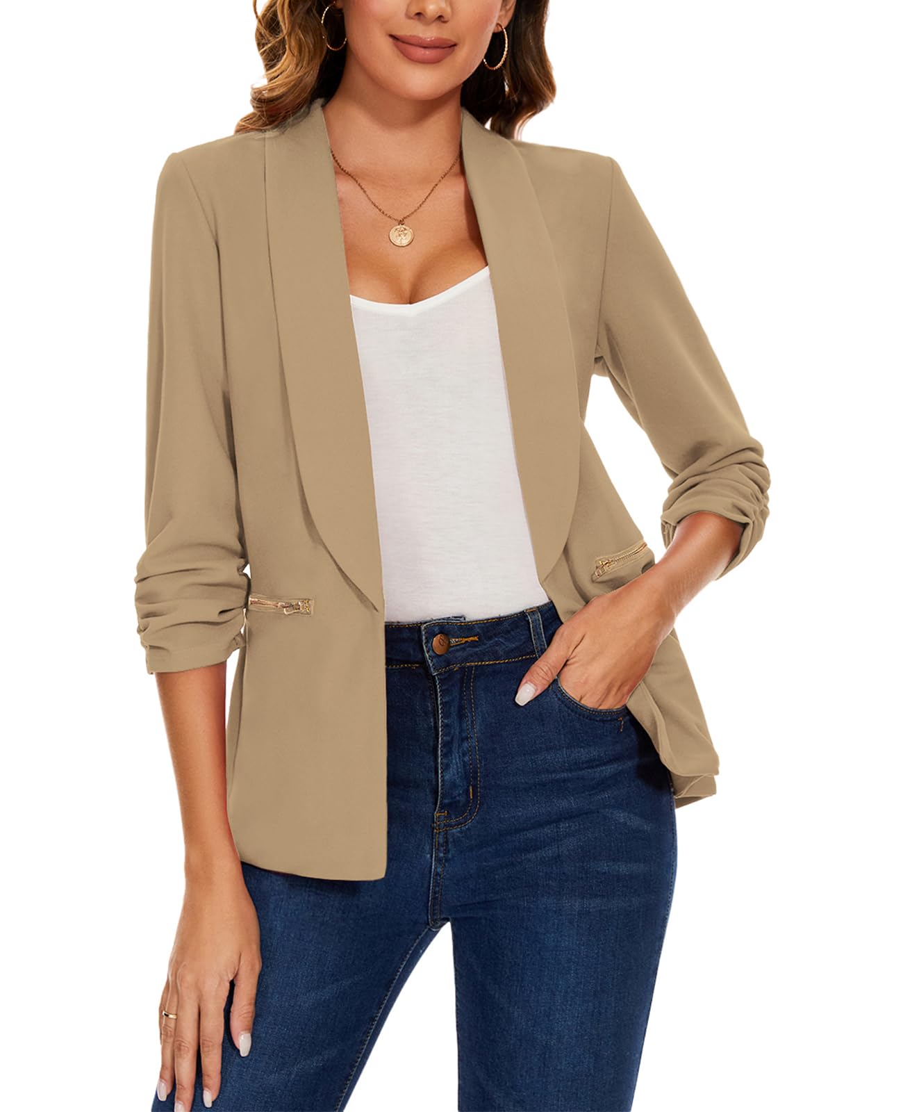 Womens Blazer Collarless Open Front Suit Jackets Lightweight Pocketed 3 4 Ruched Sleeve Blazers for Bussiness Casual L