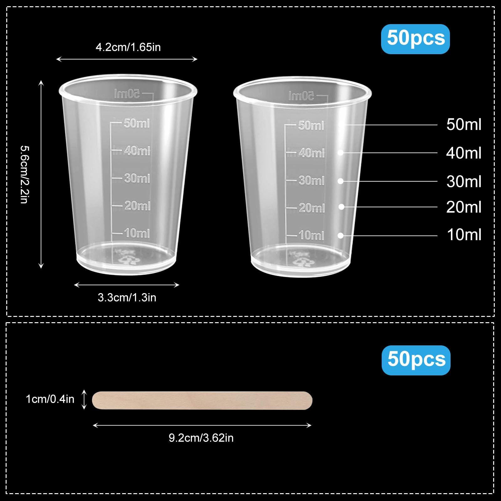 60 pacco 30ml bicchiere di miscelazione di plastica misurini laureato tazze con 50 confezioni bastoni agitazione legno kit miscelazione di plastica per mescolare la resina epossidica vernice macchia