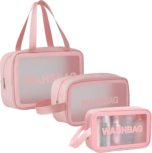 Clear Toiletries Bag, 3 in 1 Waterproof Clear Travel Toiletry Bag Transparent Wash Bag PVC Makeup Bag Portable Large Capacity Cosmetic Organizer for Women Girls Kids, Pink (Large, Middle, Small)