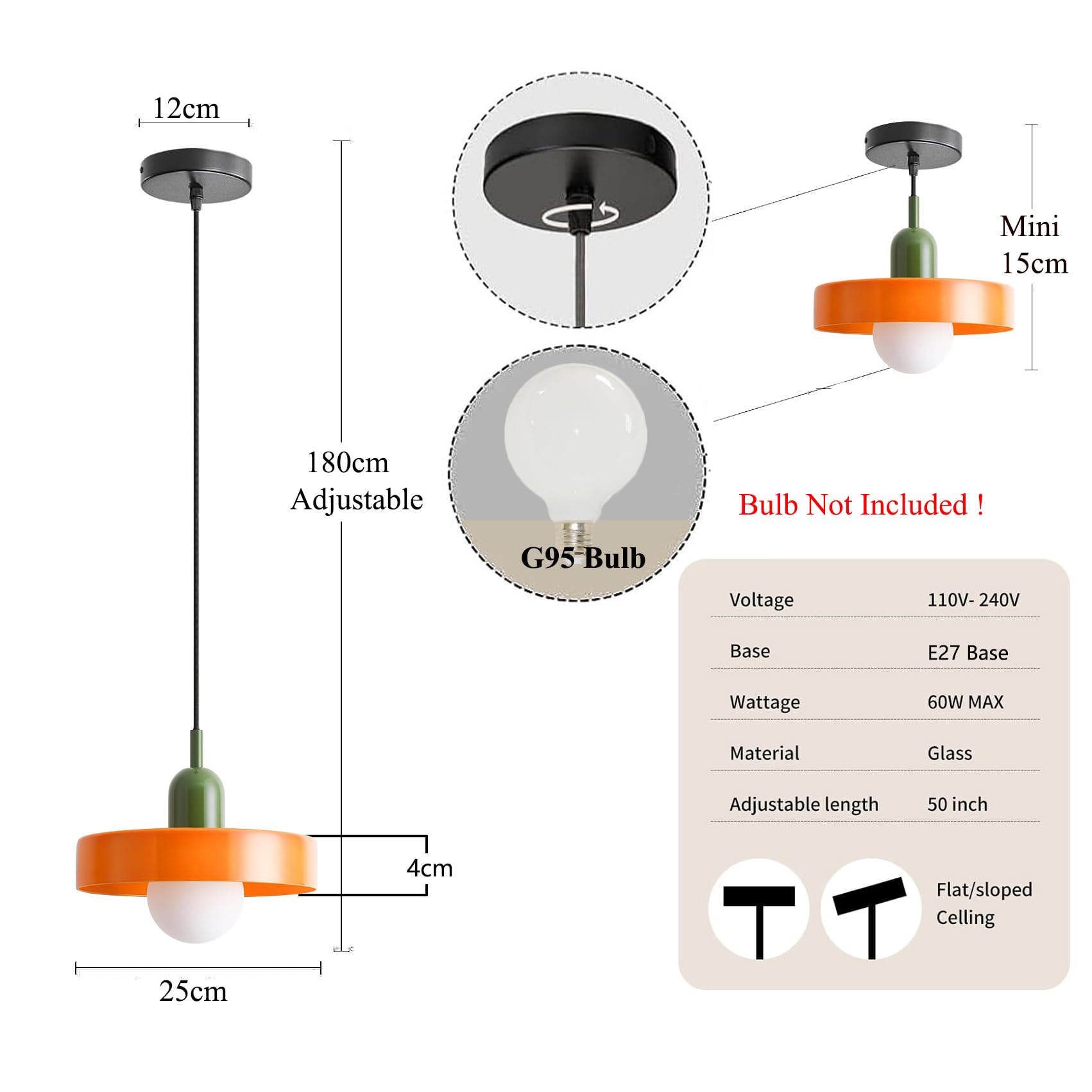 Suspension en Verre Moderne, E27 Lampe Suspendu au Plafond Réglable en Hauteur pour Îlot de Cuisine, Salle à Manger, Chambre ou Café (Orange)