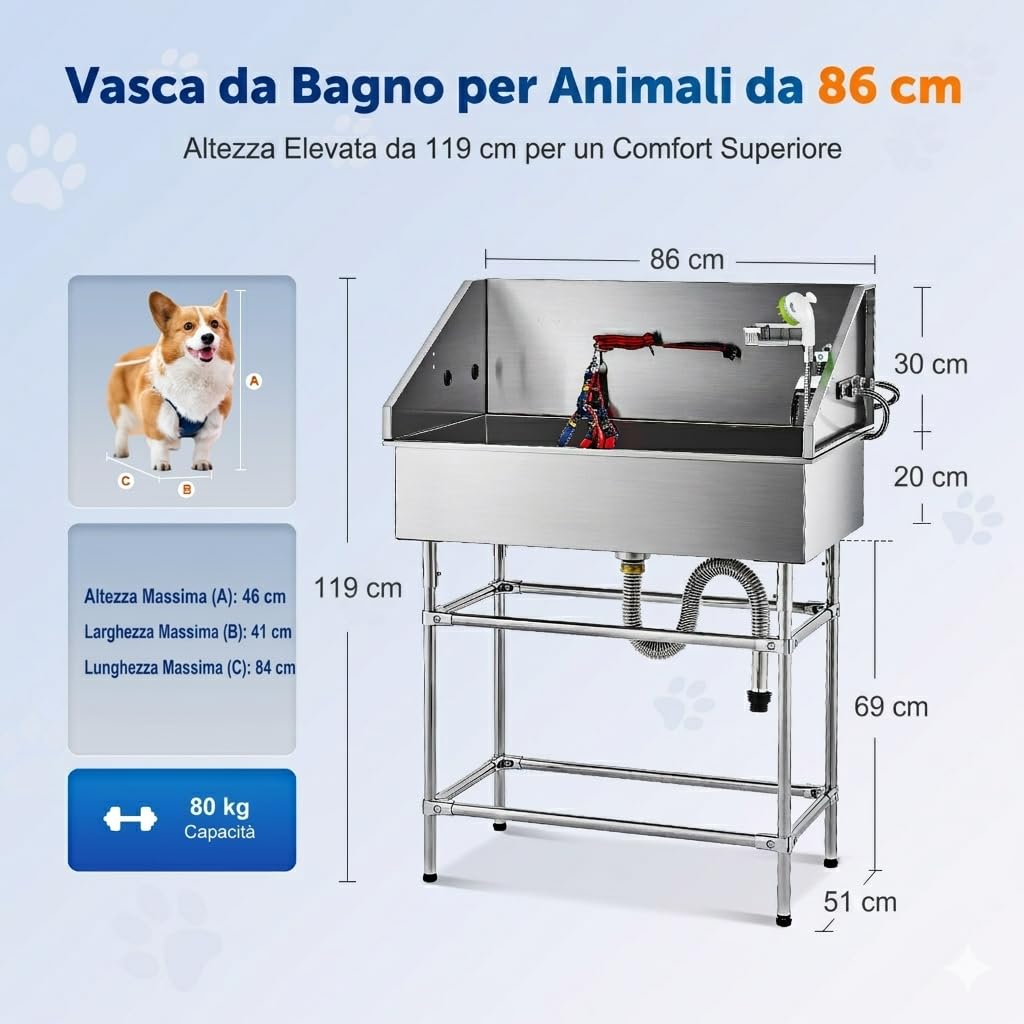 CO-Z 86 cm Vasca da Bagno per Cani Extra Elevata Altezza 120 cm, Vasca Toelettatura Professionale per Animali Domestici con Spruzzatore, Doccia per Toelettatura in Acciaio Inossidabile capacità 80 kg
