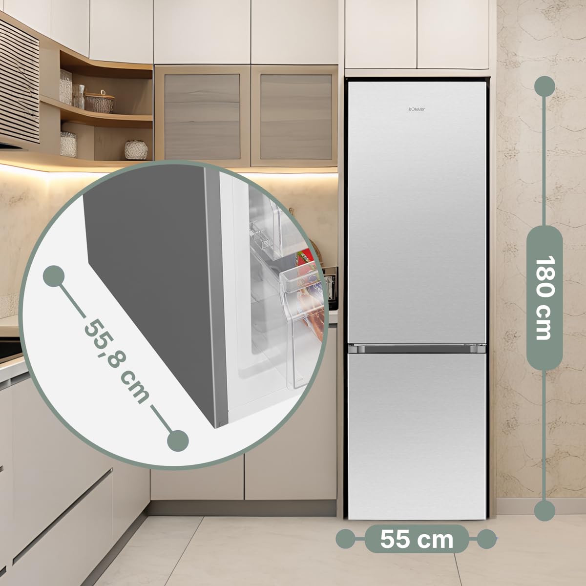 Bomann, Réfrigérateur-congélateur indépendant, 55 cm de large, 268 L, Eclairage LED, KG7353, Inox