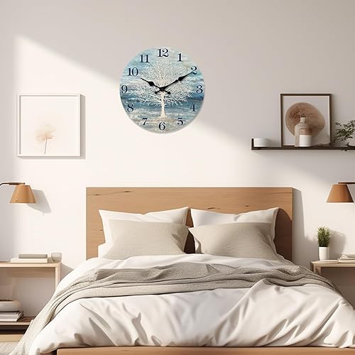 Miniatura 4 de XFM Reloj de pared con diseño de árbol de la vida, silencioso, sin tictac, funciona con pilas, 16 pulgadas, pequeño, retro, decorativo, azul,