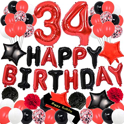 yujiaonly 34th Birthday Party Decorations-Happy Birthday Foil Ballons Banner Red Number 34 Happy Birthday Sash Latex Balloons Perfect for 34 Years Old Party Supplies Balloons Number 34 Red