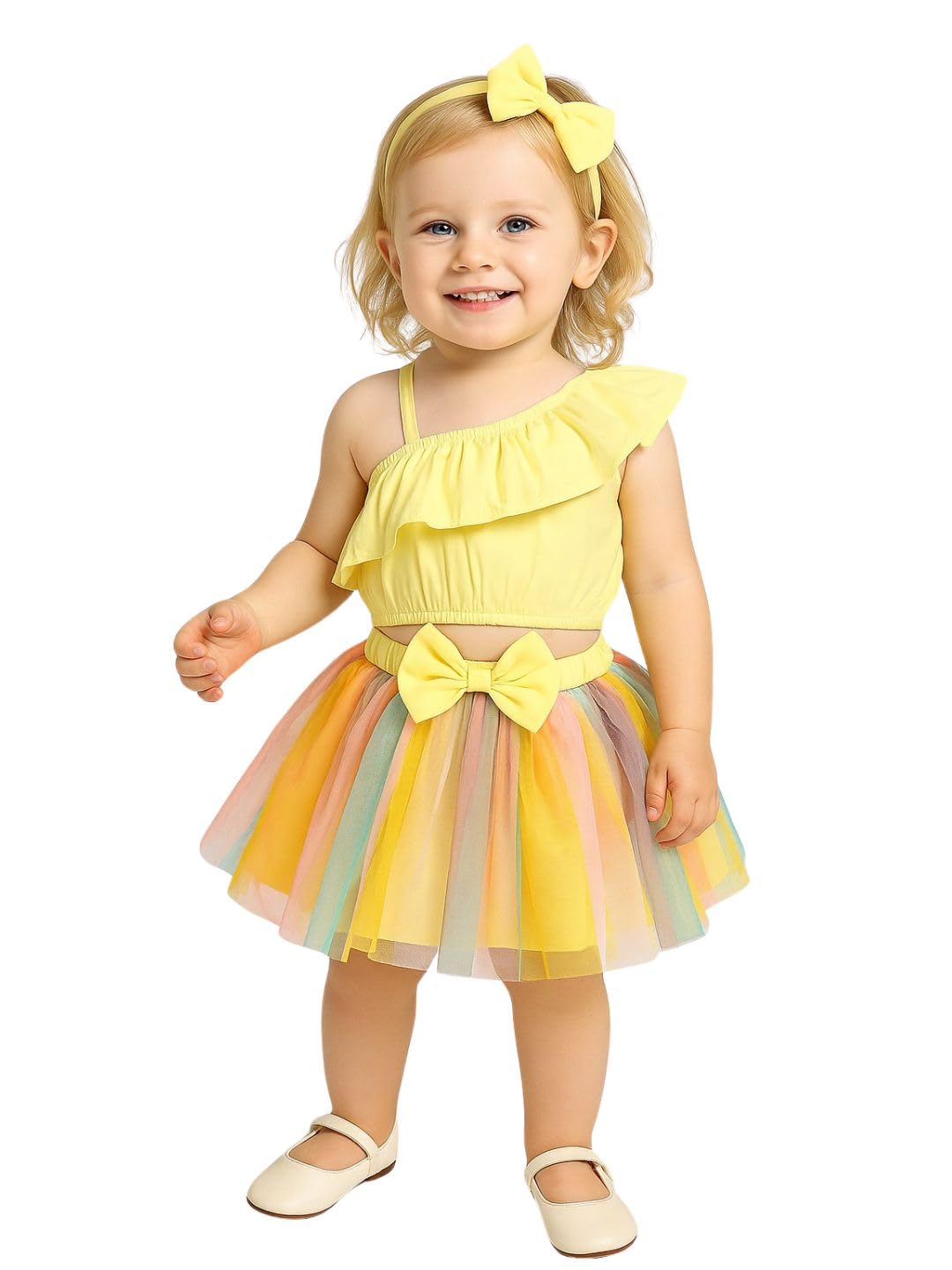 a.t.u.n. (all things uber nice) Baby Girls One Shoulder Crop Top with Printed Skirt & Matching Headband Set | 3 Piece Outfit Set for Kids-picture-46
