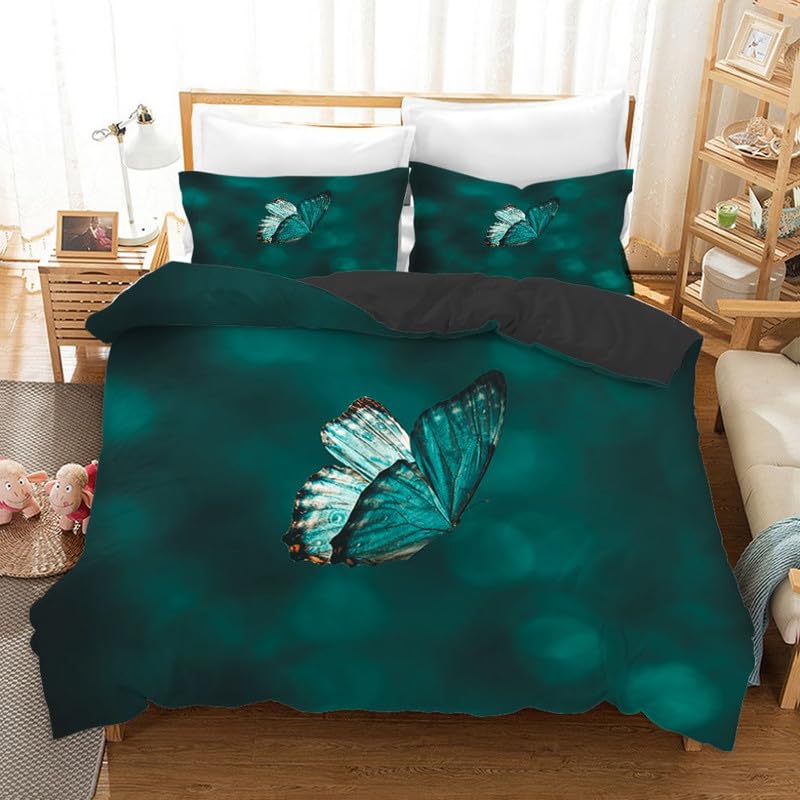 Housse de couette 140x200 confort microfibre literie bleu 3D papillon