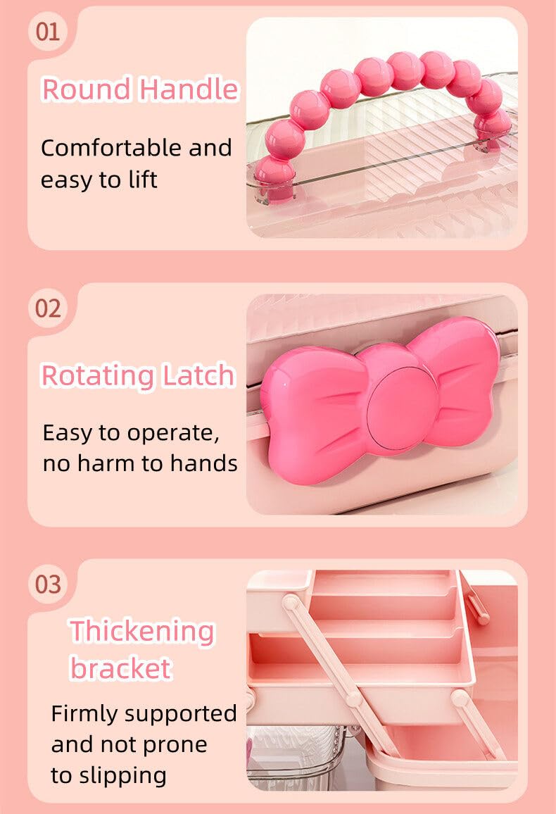 Gujuja Cute Girls Hair Accessories Organizer with Lid Three-Layer Folding High-Capacity Jewelry Box Multifunctional Bow Box for Girls Hair Bows