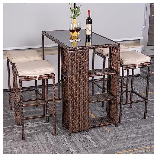 Counter Height Patio 5 Piece Patio Bar Set, Outside Rattan Dining Set, High Top Bar Height Set, Table and Stools Furniture Set with Cushions for Garden Yard Porch, Steel Frame