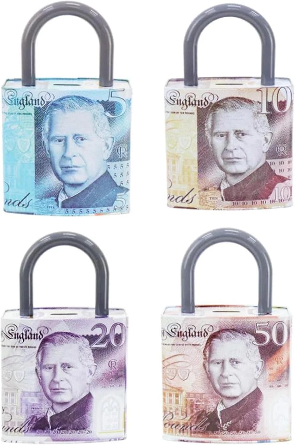 KAV Money Tin Box Padlock Shape 16x8x25cm, Metal Savings Bank with Handle, Coin Slot & Removable Lid, Pound Note Design, Multi-Colour, Assorted Pack of 2