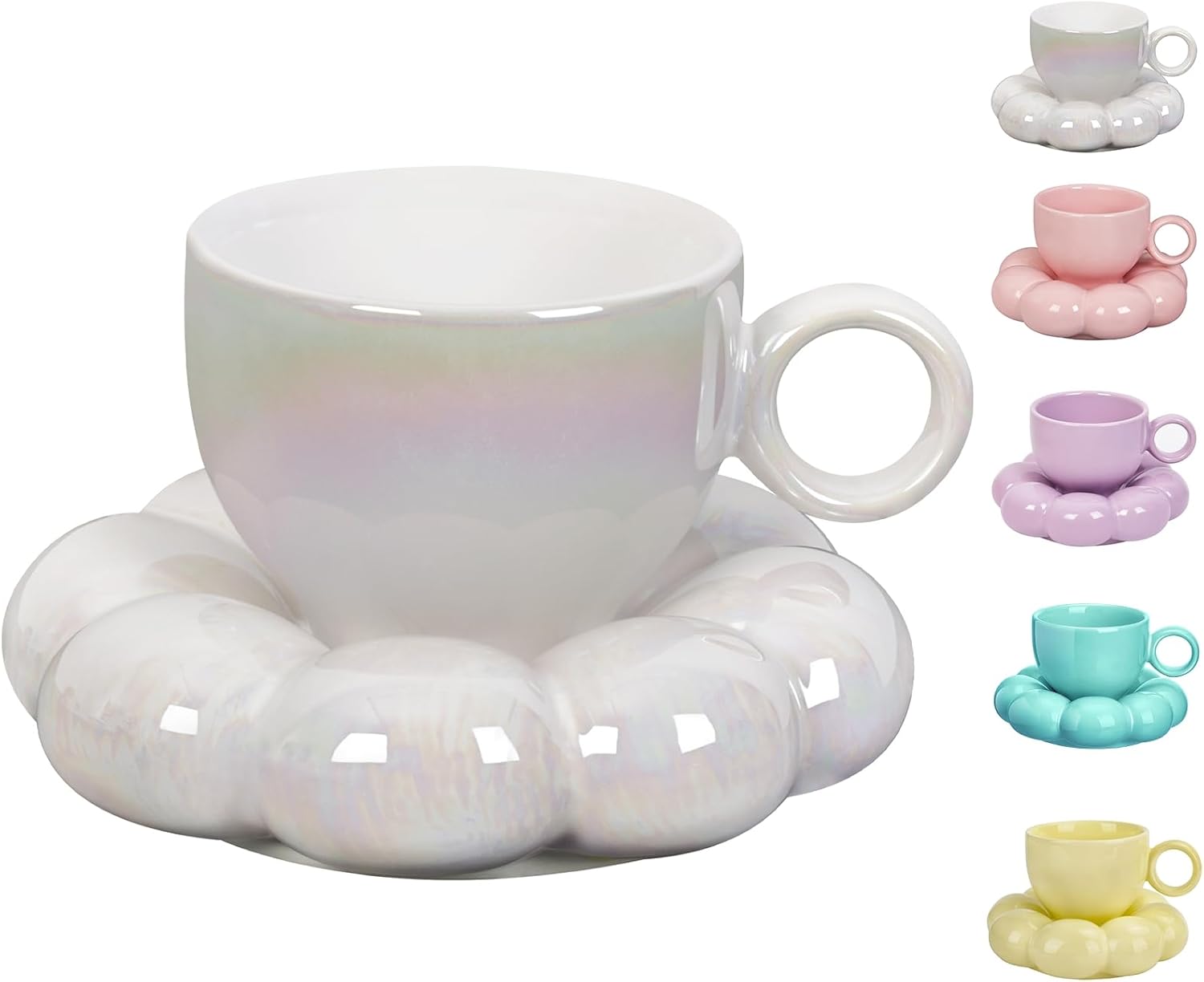 ARISKEY 10oz Coffee Mug for Women,Cute Tea Cup and Saucer Set with Spoon,Perfect for Latte and Milk, A Warm Choice for Mother's Love,Pearl White Pearl White 10 Ounces