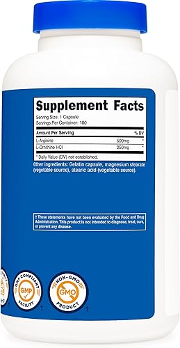 Miniatura 5 de Nutricost L-Arginina L-Ornitina 750mg; 180 Cápsulas (2 Botellas)