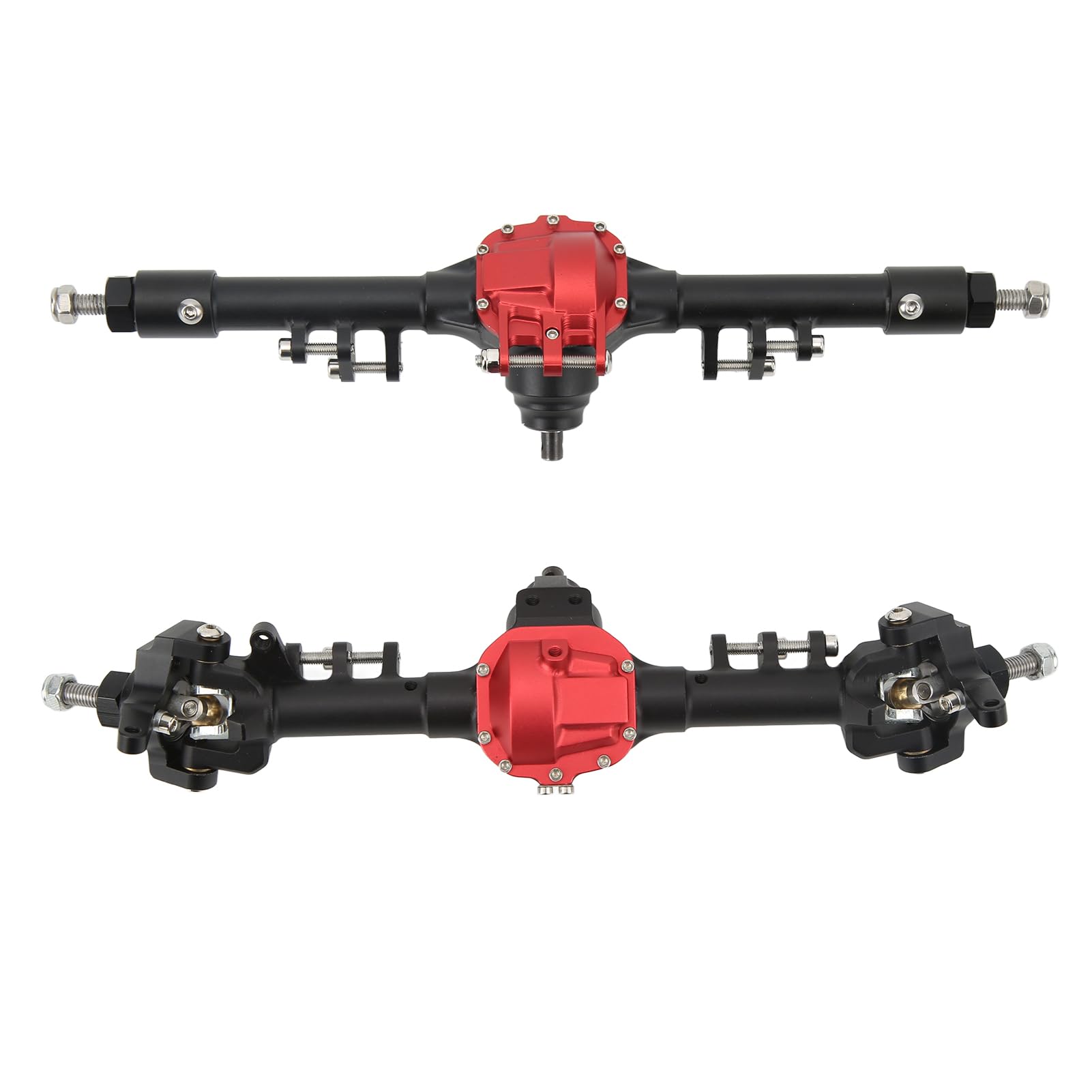 Metalowy zestaw osi przedniej i tylnej RC duży zintegrowany układ kierowniczy oś samochodu RC dla Axial SCX10 II 90046 90047 D90 D1101/10 zdalnie sterowany samochód gąsienicowy (Czarny Czerwony)