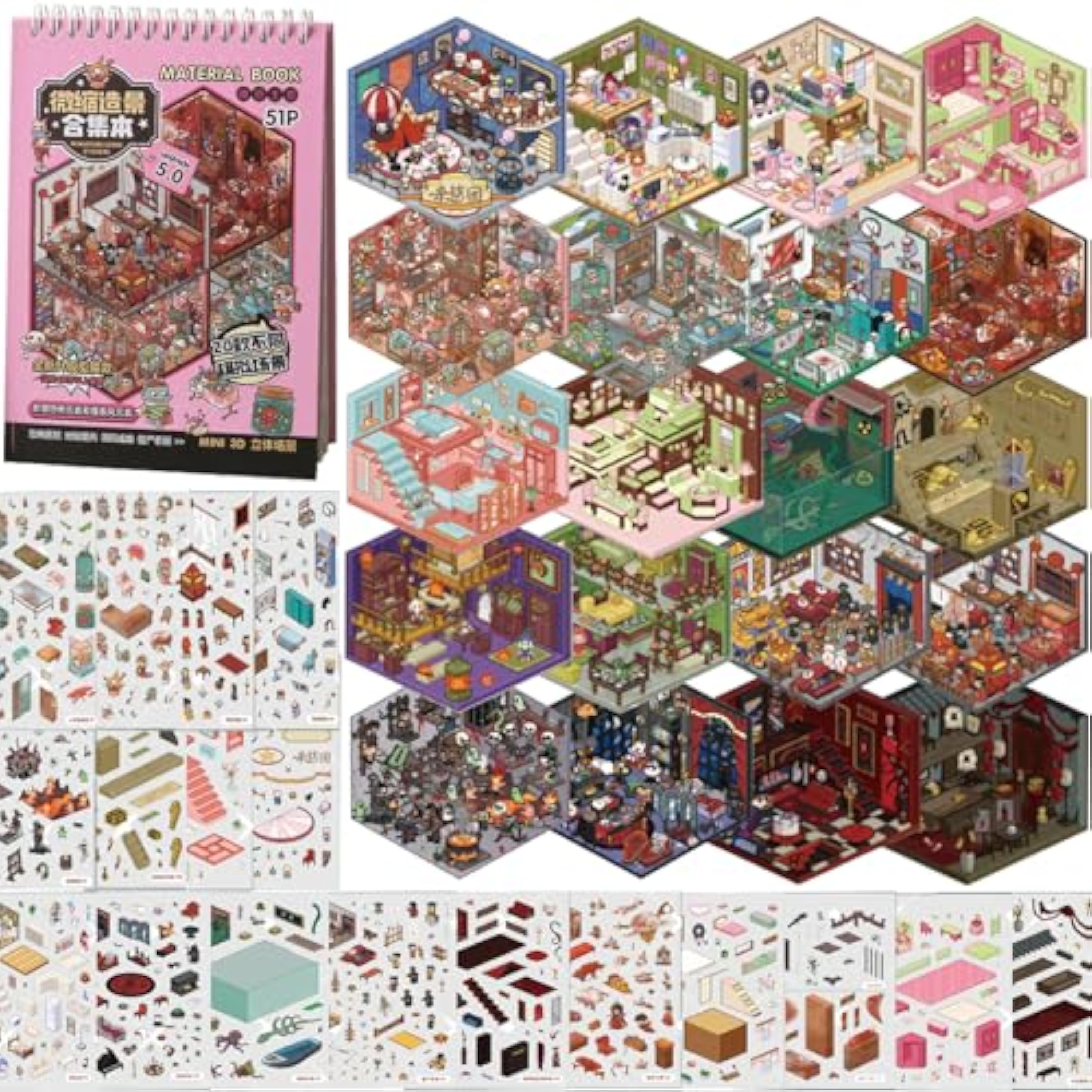 Afufu Pegatinas Terror Infantiles Adultos, 20 Sets Escenas 3D Casa en Miniatura DIY Scene Sticker, Libro Pegatinas Reutilizables, Juego Creativo Relajación Antiestrés Regalo Artesanal Diversión