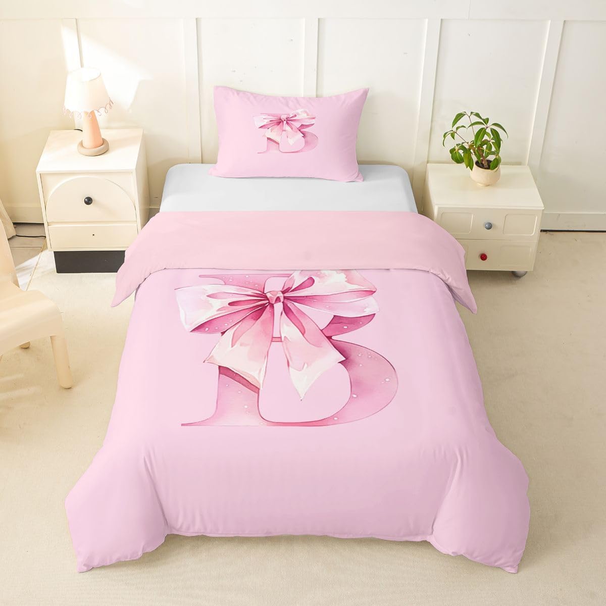 jejeloiu Personalized Initial Z Duvet Cover Toddler Size Pink Glitter Bow Bedding Set for Boys Girls Princess Style Bowknot Comforter Cover Bedroom Decor 2Pcs No Comforter