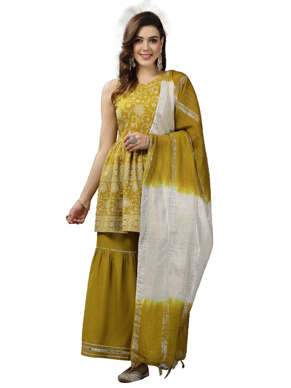 Stylum Women's Floral Printed Rayon Pleated Kurta Sharara Dupatta Set (Ksdcornfish42_Mustard, Xl)