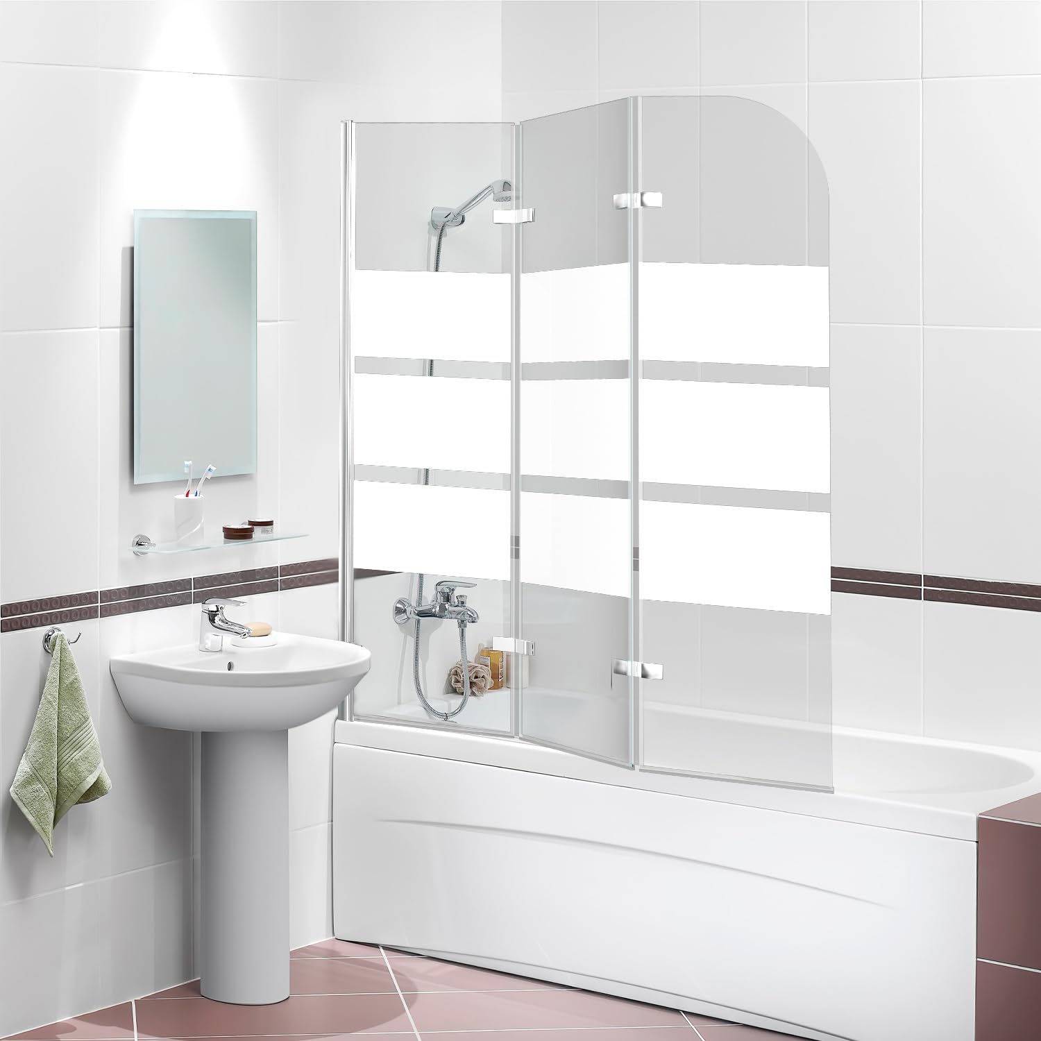 Mampara de ducha plegable para bañera, 120 x 140 cm, 3 piezas, cristal ESG, mampara de ducha plegable con nanorrevestimiento, rayas blancas