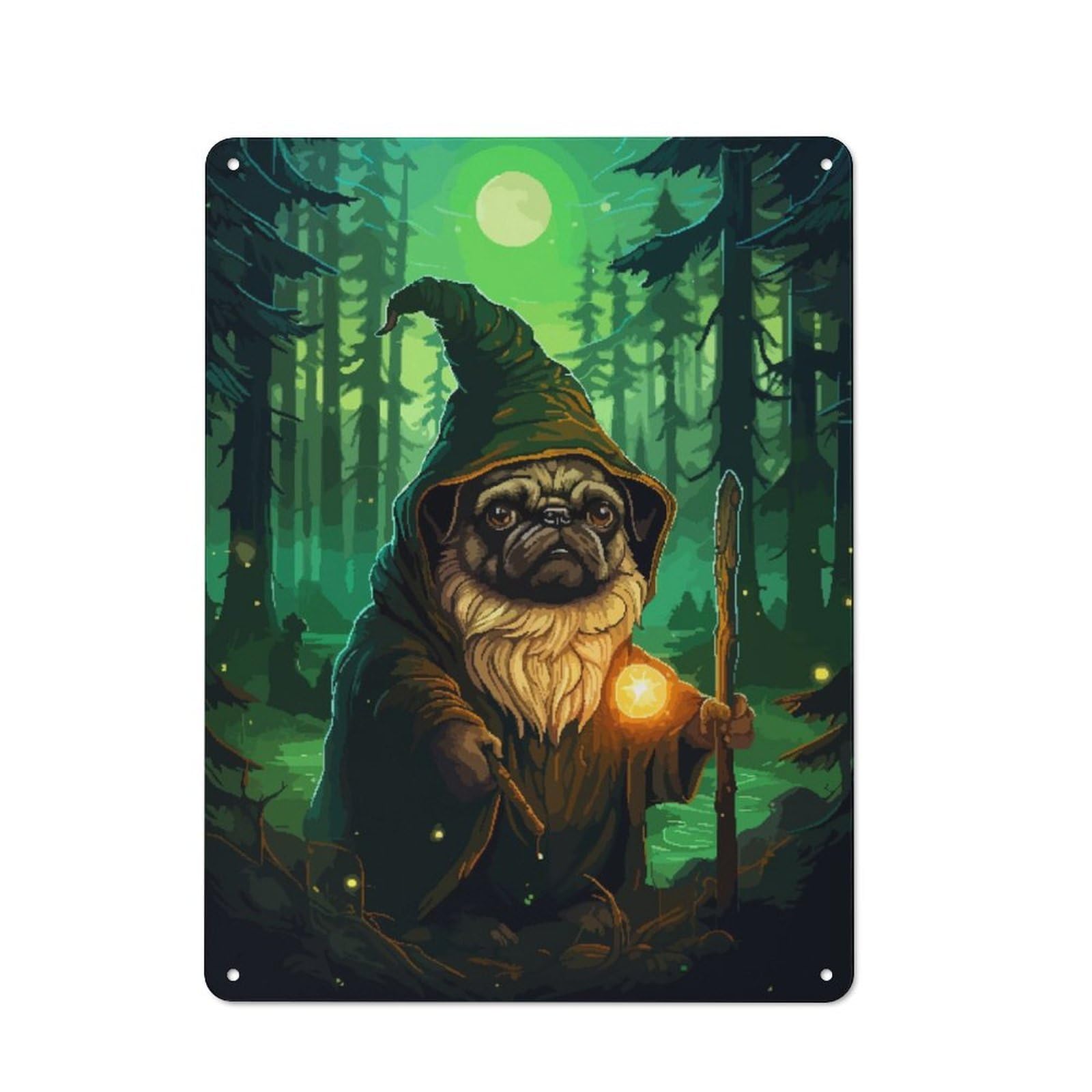 Junmoney Pug Wizard Forest Pixel Retro Metal Wall Sign 40X30cm For Guest Room Or Hallway, New-Space Wall Decor For Home Decor Collectors