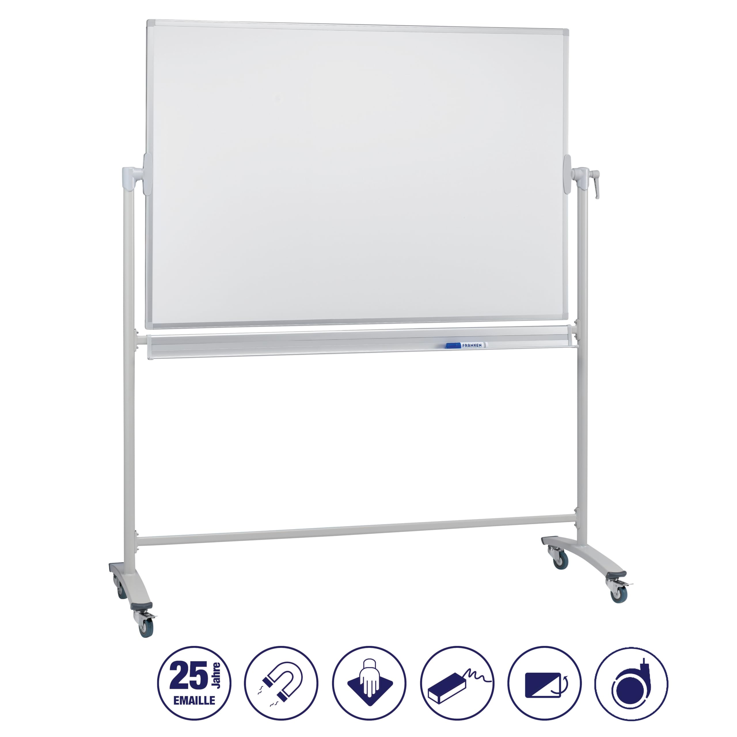 FRANKEN ST205 Tableau blanc mobile double face émaillé magnétique effaçable à sec avec support et roulettes avec cadre en métal et cadre pivotant 220 x 120 cm