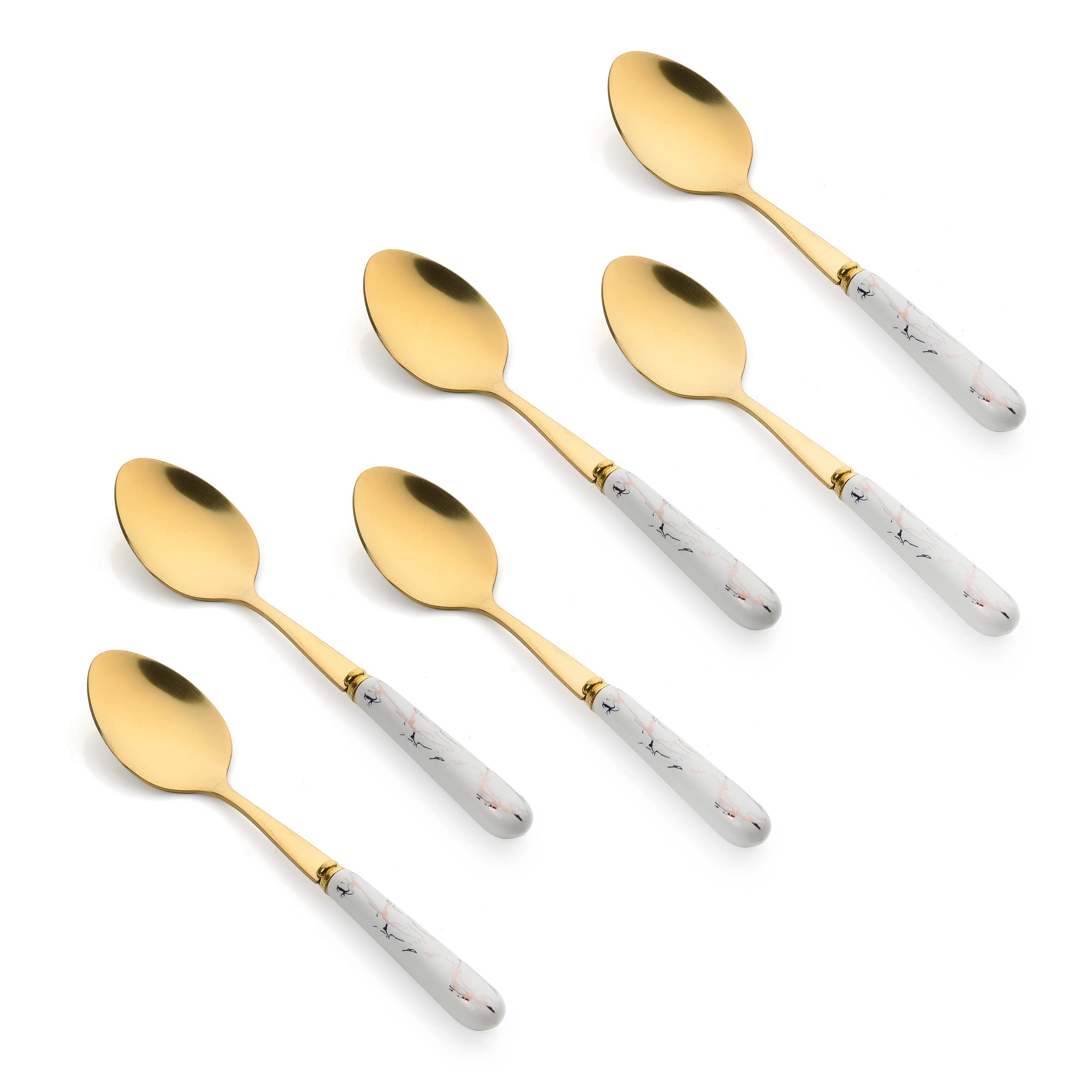 Golden Stainless Steel Ceramic Spoons Set for Home Kitchen & Restaurant Cutlery Dinner Table Bouillon Spoon Oval Edge with Ceramic Handle Tableware Serving Spoons (Small Spoon Set of 6-15cm)