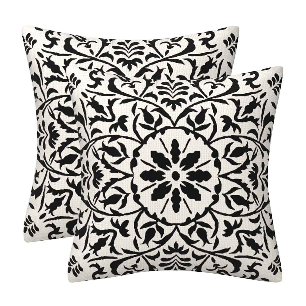 GAAFOSIPH Black Set of 2 Cushion Covers 40cm x 40cm Bohe Flower Modern Double Sided Printed Square Linen Decor 16 x 16 inches Cushions Cases Home Garden Decorations Pillow Cover for Sofa Bed Outdoor