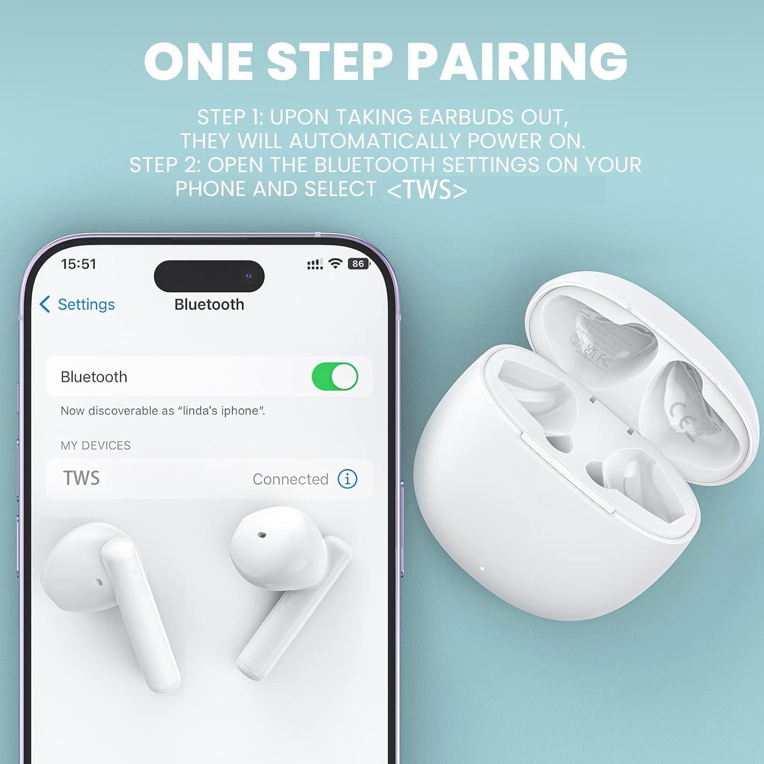 Cuffie Bluetooth 5.3 Wireless In Ear – Cancellazione Rumore ENC, 50 Ore Di Autonomia, IP7, Controlli Touch Per IPhone E Android - 2
