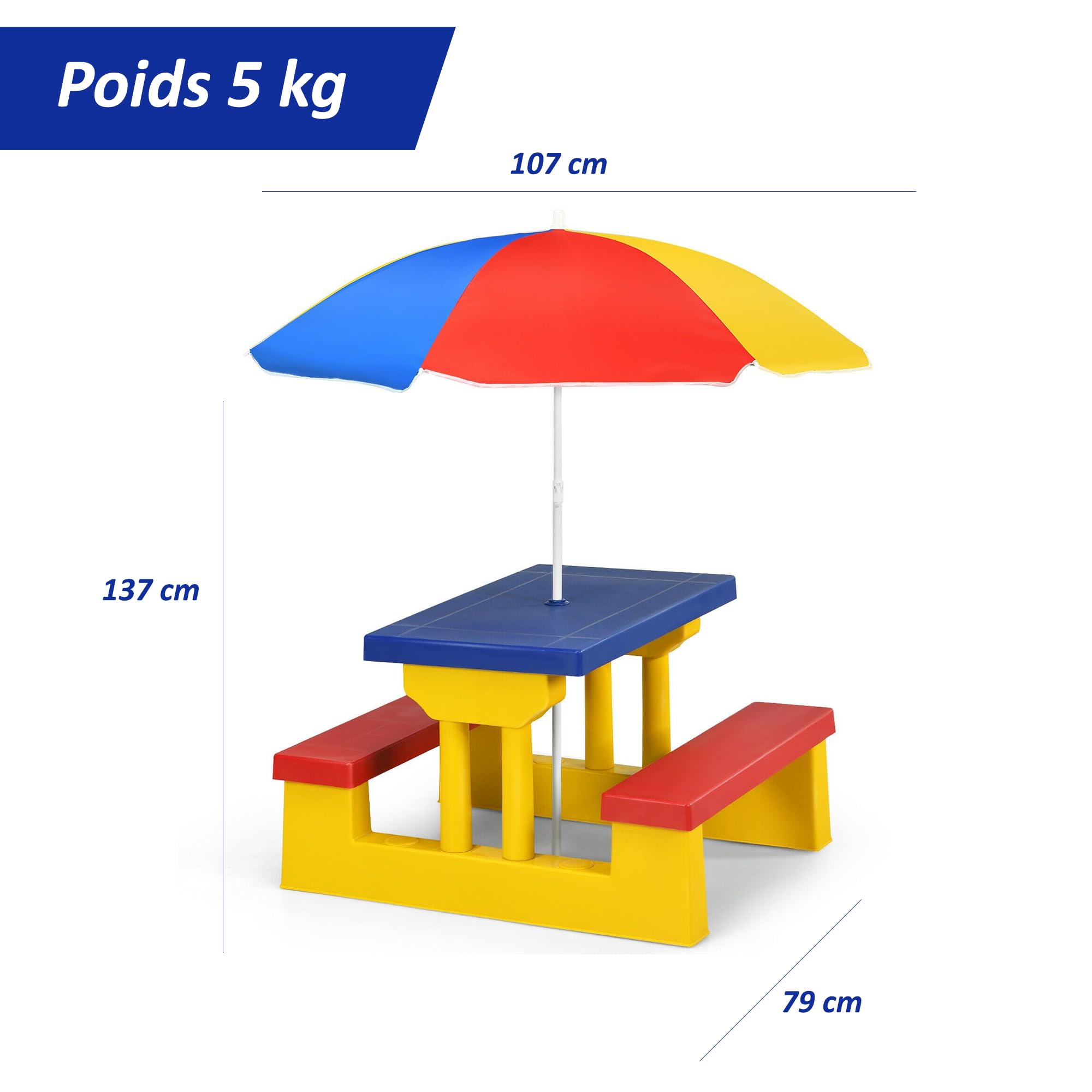 Coil Tables pour Enfants, Tables de Jardin, Table de Pique-Nique pour Enfants avec Bancs, Parasol, Table de Jeu, Banc de Table, Siège pour Enfants, Table, Banc, pour Enfants à partir de 3 Ans(Jaune)
