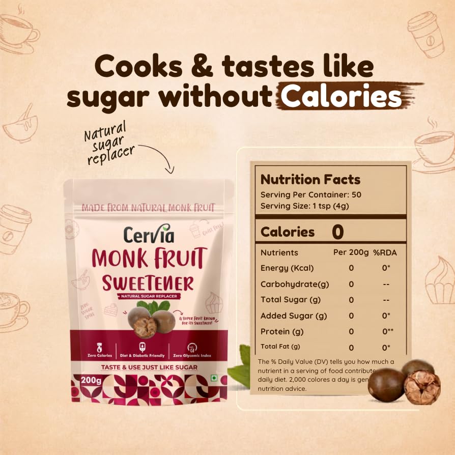 Image of Cervia Monk Fruit Natural Sweetener 200g | 100% Natural Sugar Replacement | Zero Calories | Zero Glycemic Index | No Blood Sugar Spike | Diabetic & Keto Friendly | No Bitter Aftertaste | For Tea, Coffee & Cooking (200)