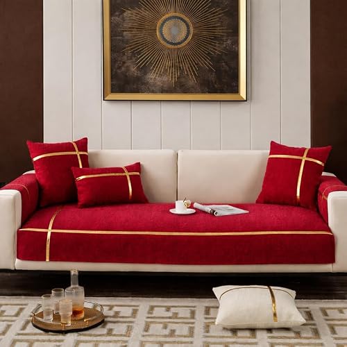 WWW.THROWPILLOW.IN Red Gold Trim Sofa Cover for 4 Seater |Anti-Slip Couch Slipcover for Living Room|Sofa Throw with Seat Cover |Ideal for Indian Homes & Diwali Decor |4 Seater Sofa Set