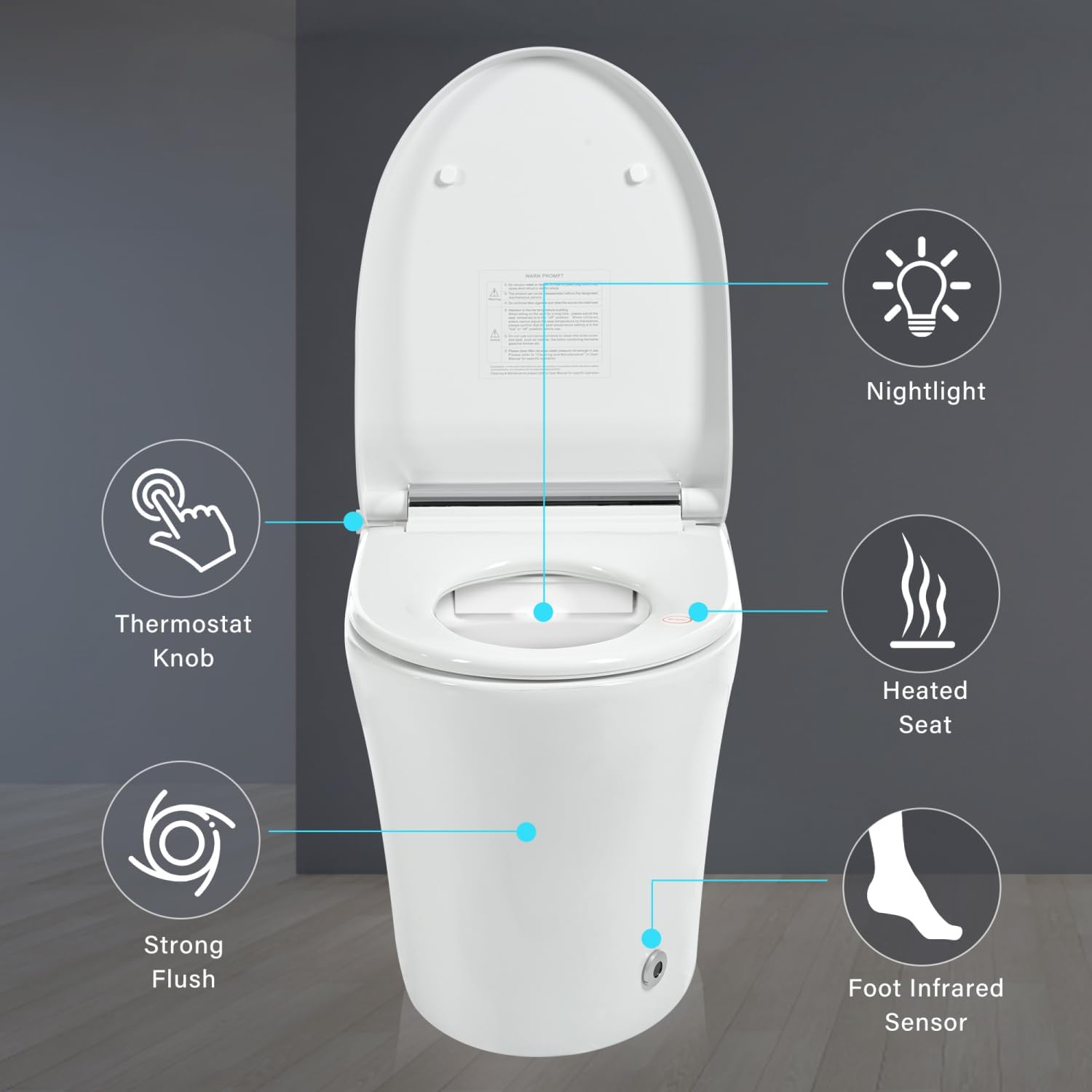 Smart Toilet with Heated Seat, Elongated Modern Toilet, Auto Flush, 1/1.28 GPF, Foot Sensor Flush, White Night Light, Knob Control